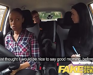Fake driving school breasty dark dirty slut wife fails test with lesbo examiner